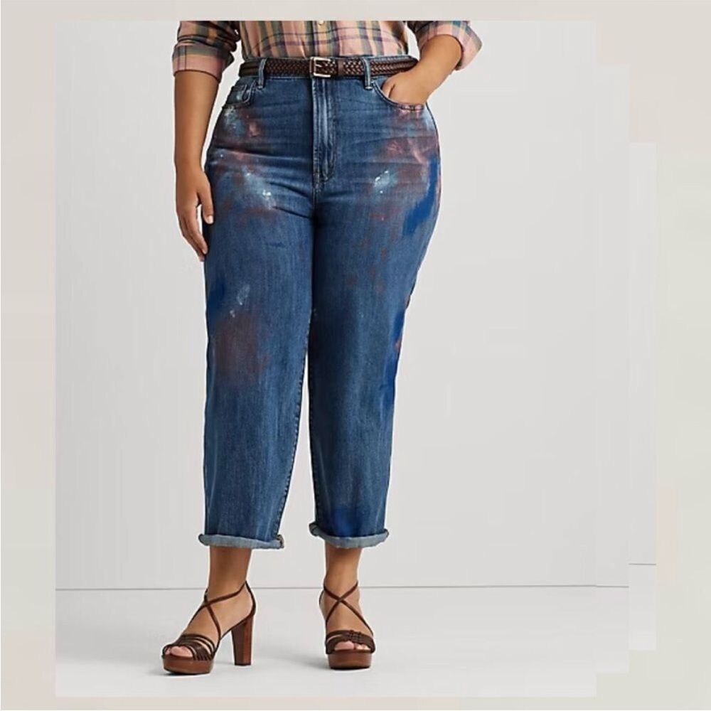 Ralph Lauren Women’s Plus Size Blue Straight Leg Jeans Paint Splatter Denim NWT
